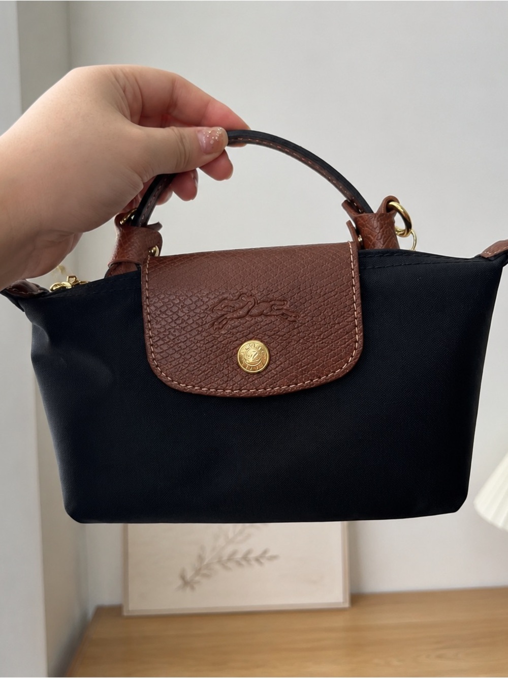 Longchamp Mini Tote in Black with Brown Leather Trim and Gold Hardware